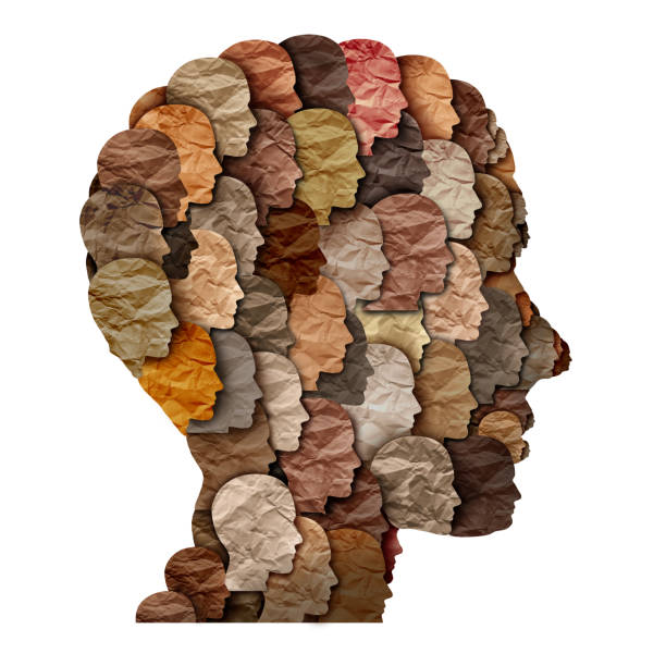 A head composed of several small heads of different colours, representing the diversity.