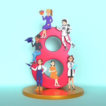 A light blue background and the number eight in pink poses on a wooden base with women of different colours and different professions sitting on the eight