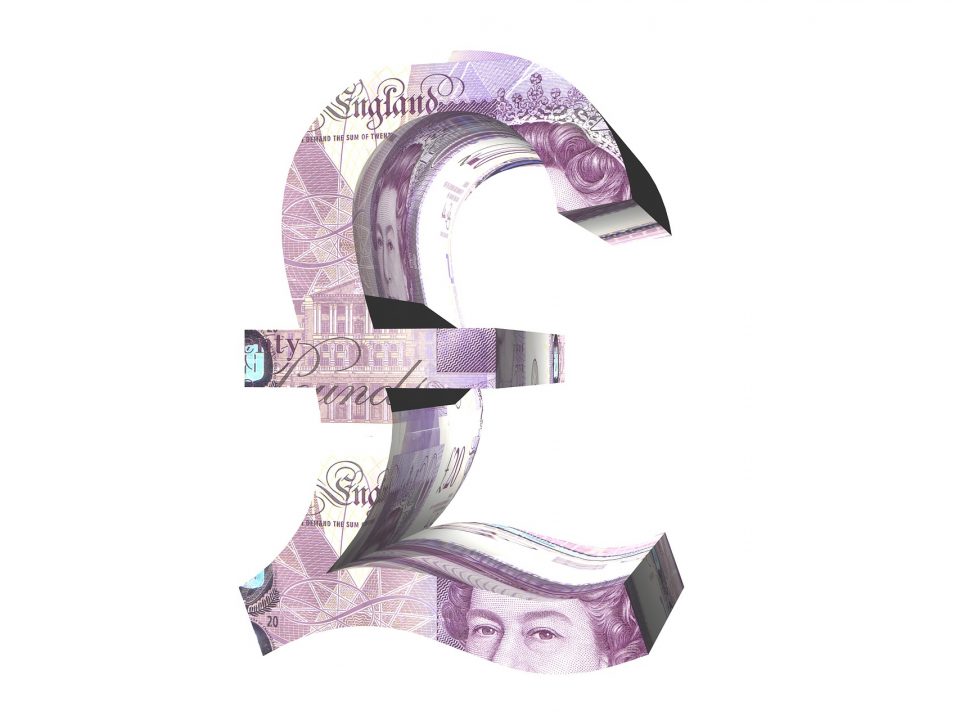 The symbol of the pound with inside 20 pound notes