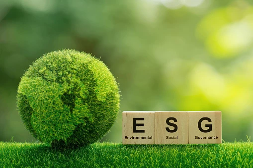a globe made of grass with a wooden sign with ESG written on the side
